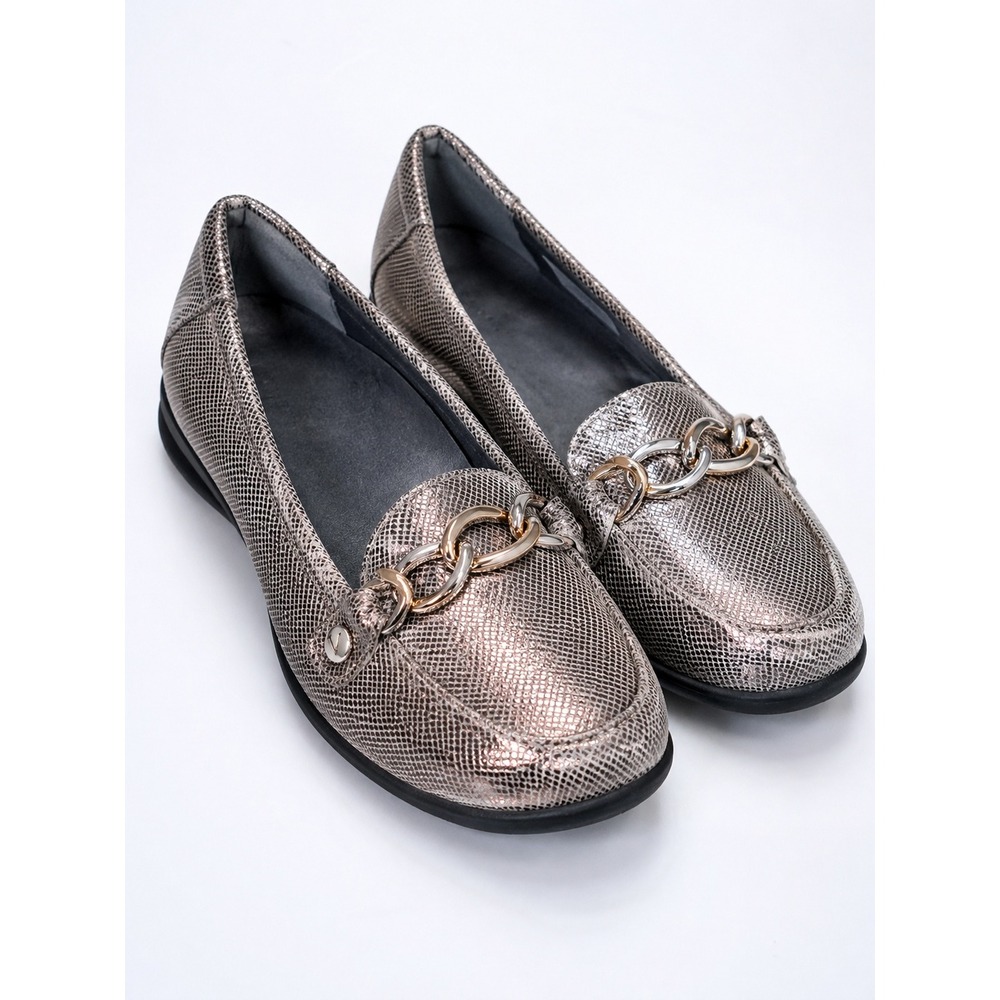 Vionic Metallic Snakeskin Loafers Orthotic Comfort Flats Horsebit Detail